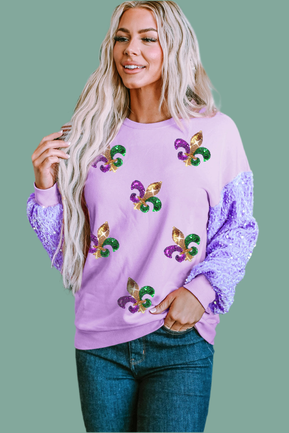 Orchid Sequin Patchwork Long Sleeve Fleur de Lis Patched Pattern Top