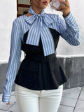 B&B Striped Long Sleeve Bow Tied Blouse Blue Bazarre Mart Striped Long Sleeve Blouse with Bow Tie