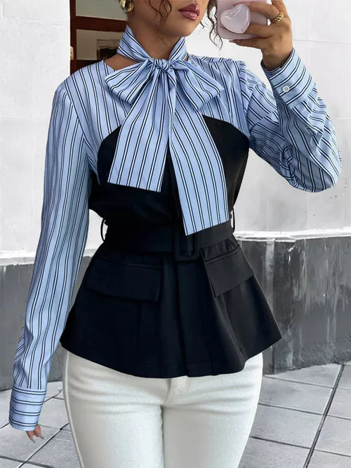 B&B Striped Long Sleeve Bow Tied Blouse Blue Bazarre Mart Striped Long Sleeve Blouse with Bow Tie