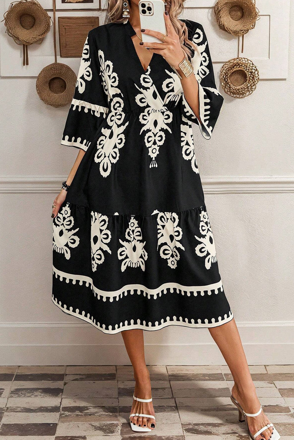 B&W Boho 3/4 Sleeve Loose Midi Dress
