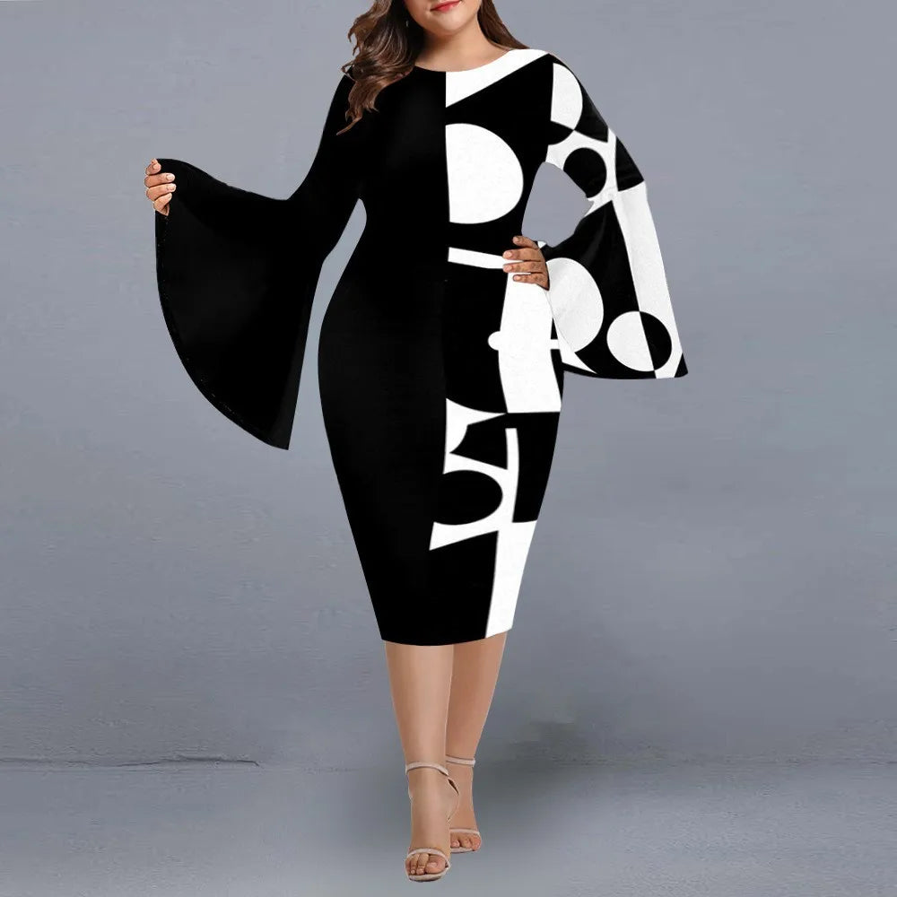 B&W Elegant Geo Print Long Bell Sleeve Party Dress 