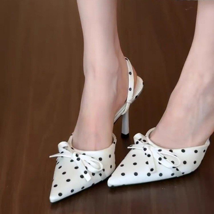 B&W Polka Dot Pointed Toe High Heel Mule Sandals CJ Droppshipping B&W Polka Dot Pointed Toe Heels