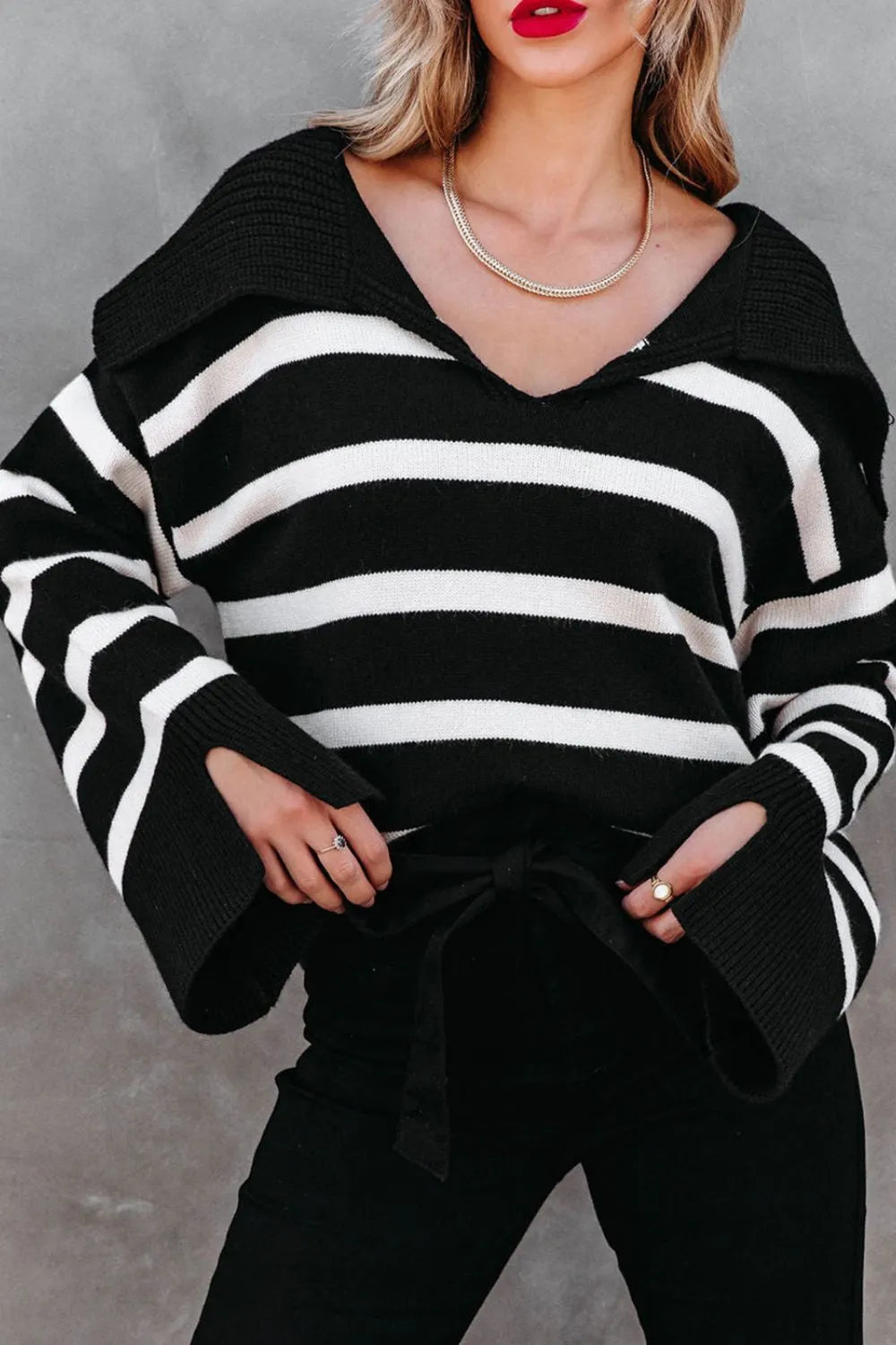 B&W Striped Big Collar V-Neck Long Bell  Sleeve Sweater