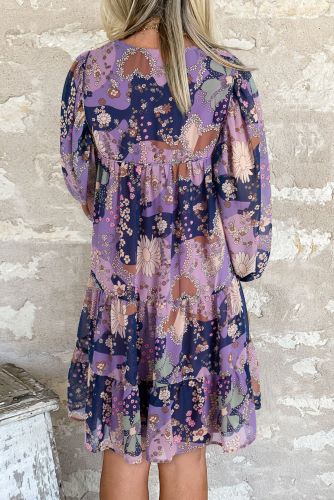 Purple Floral Puff Sleeve Dress