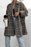 Baggy Plaid Houndstooth Coat Brown Bazaare Mart Houndstooth Collared Neck Long Sleeve Coat