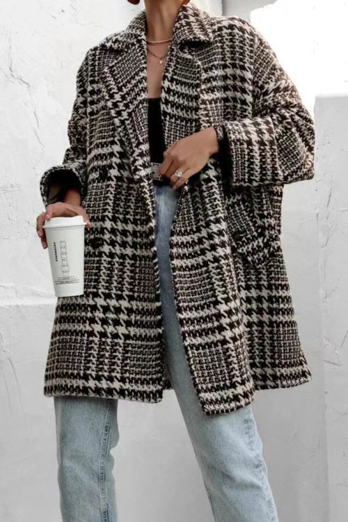 Baggy Plaid Houndstooth Coat Brown Bazaare Mart Houndstooth Collared Neck Long Sleeve Coat