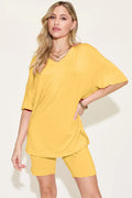 Bamboo V-Neck Drop Shoulder Shorts Set Yellow Bazaare Mart Bamboo Full Size V-Neck Drop Shoulder Shorts Set