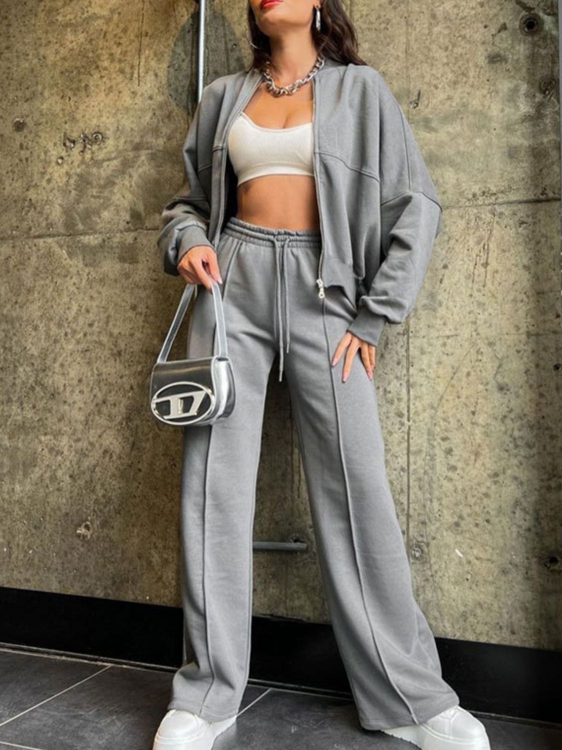 Grey Baseball Zip Up Jacket and Drawstring Pants Set