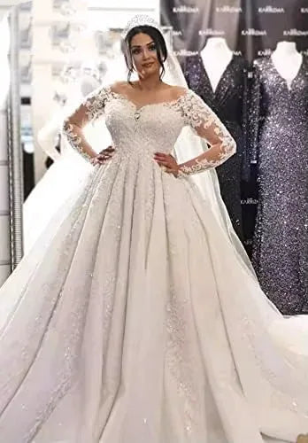 Beaded Long Sleeve Sweetheart Neck Wedding Gown White Bazaare Mart BRIDE GOWN