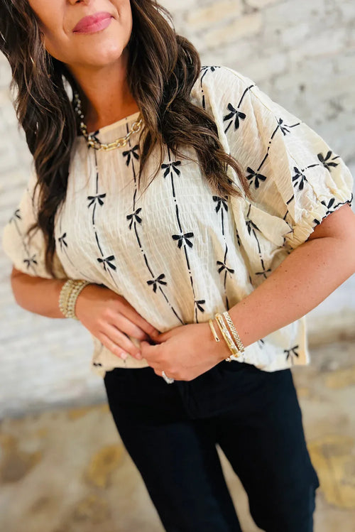 Beige Bow Print Puff Short Sleeve Top Beige 100%Polyester Bazaare Mart Tops/Blouses & Shirts