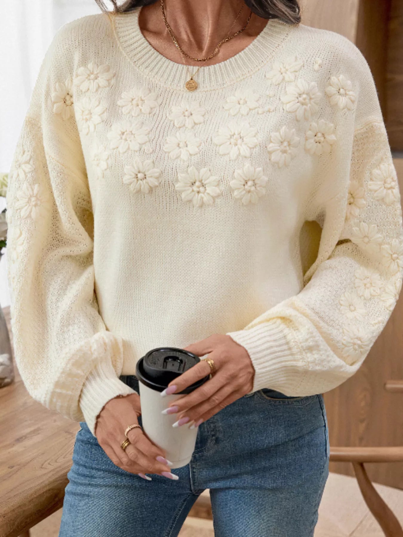 Creamy Beige Embroidered Floral Round Neck Puff Long Sleeve Sweater