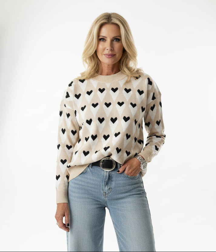 Beige Geo Diamond and Heart Pullover Sweater Parchment 100%Cotton Bazaare Mart Sweaters & Cardigans/Sweaters