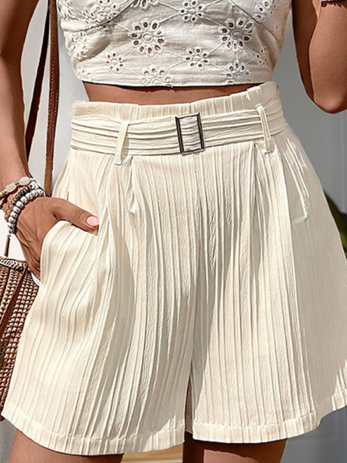 Cream Textured High Waist Shorts with Pockets