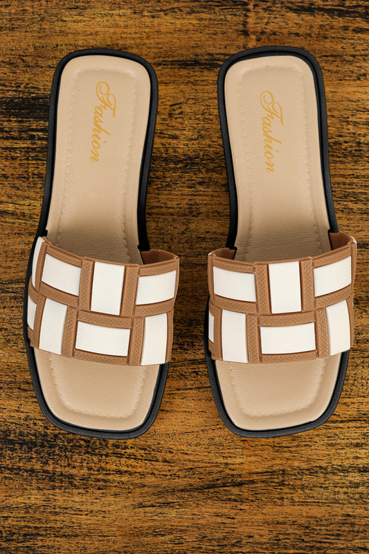 Beige Two Tone Contrast PU Leather Square Toe Slides