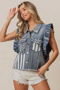 BiBi American Flag Washed Faded Blue Denim Vest DENIM Bazaare Mart Blue Denim Flag Vest
