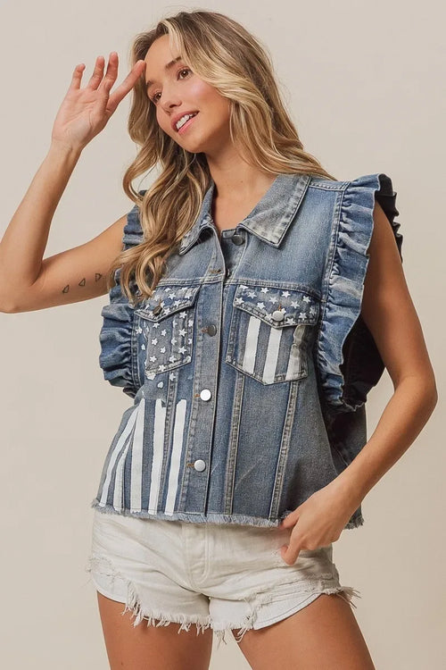 BiBi American Flag Washed Faded Blue Denim Vest DENIM Bazaare Mart Blue Denim Flag Vest