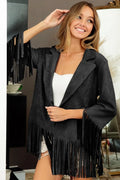 BiBi Black Suede Single Button Fringed Hem Blazer BLACK Bazaare Mart Fringe Jacket