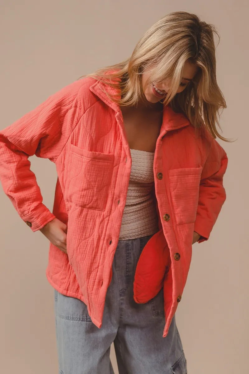Coral Quilted Wrinkle Gauze Long Sleeve Shacket