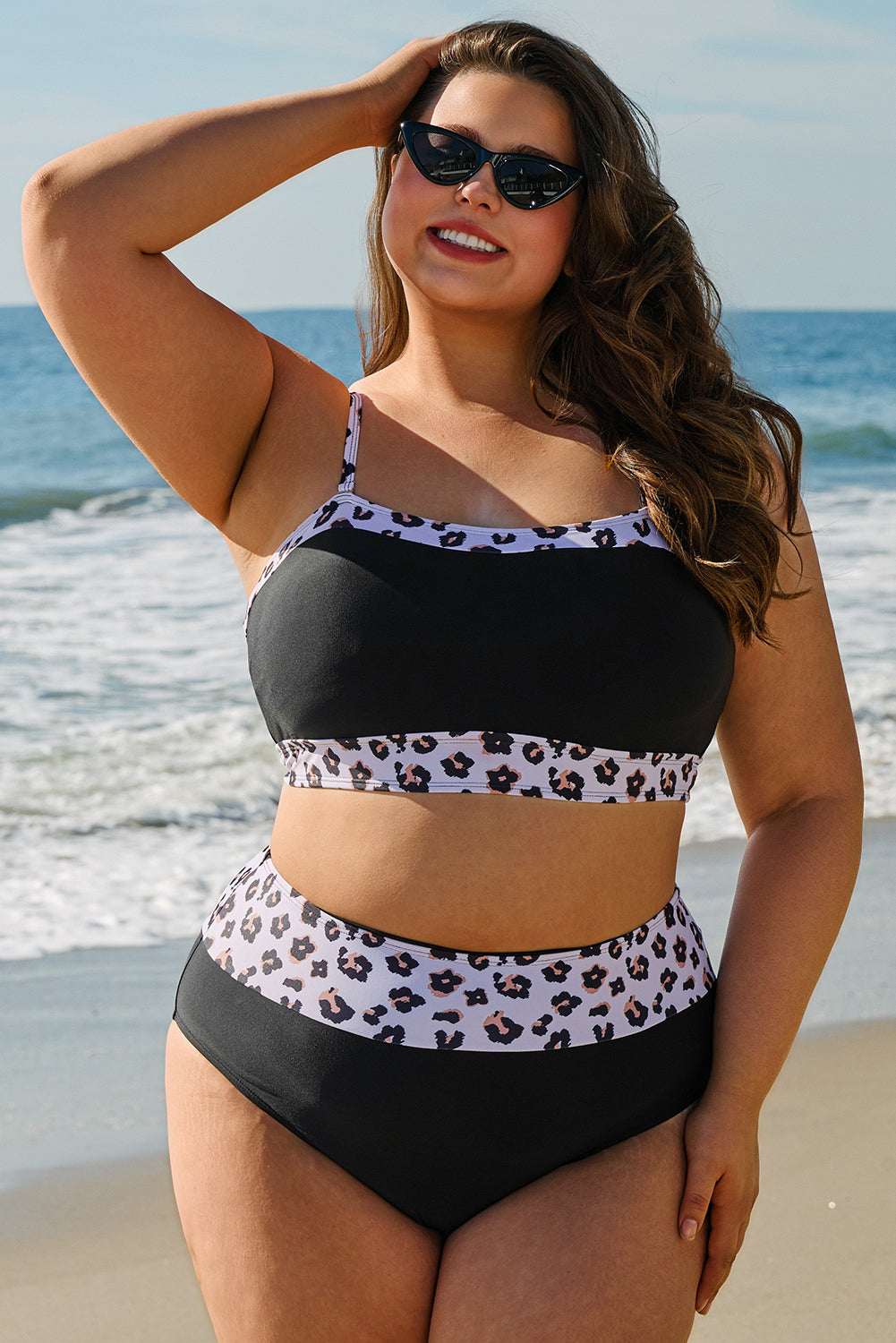 Black 2pcs Leopard Edge Plus Size High Waisted Swimsuit