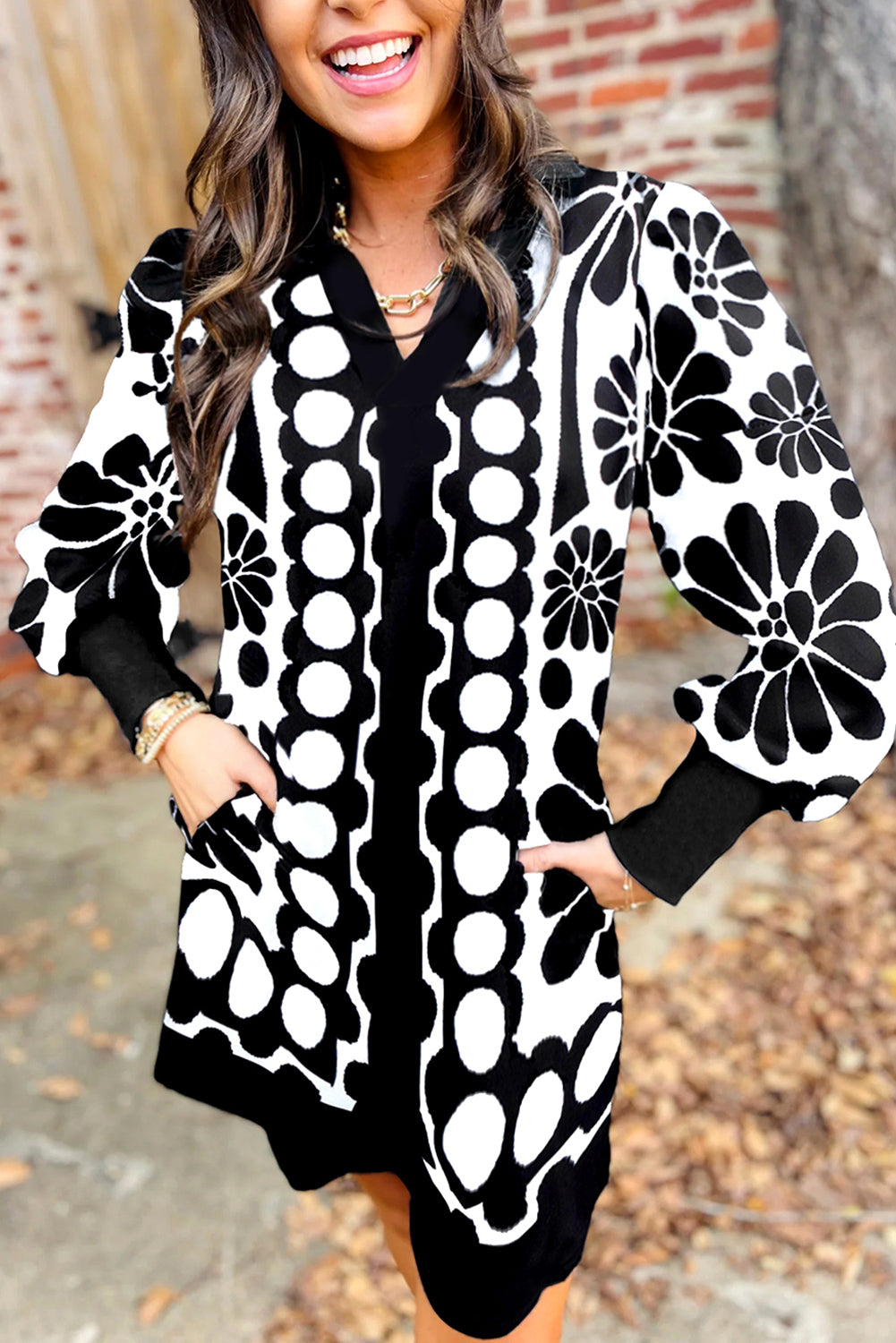 B&W Abstract Print V Neck Puff Sleeve Mini Dress with Pockets