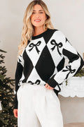 Black Bow Print Rhombus Pullover Sweater Black 52%Viscose+26%Polyester+22%Polyamide Bazaare Mart Sweaters & Cardigans/Sweaters