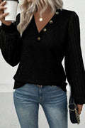 Black Buttoned V Neck Ribbed Puff Sleeve Top Black 95%Polyester+5%Elastane Bazaare Mart Tops/Long Sleeve Tops