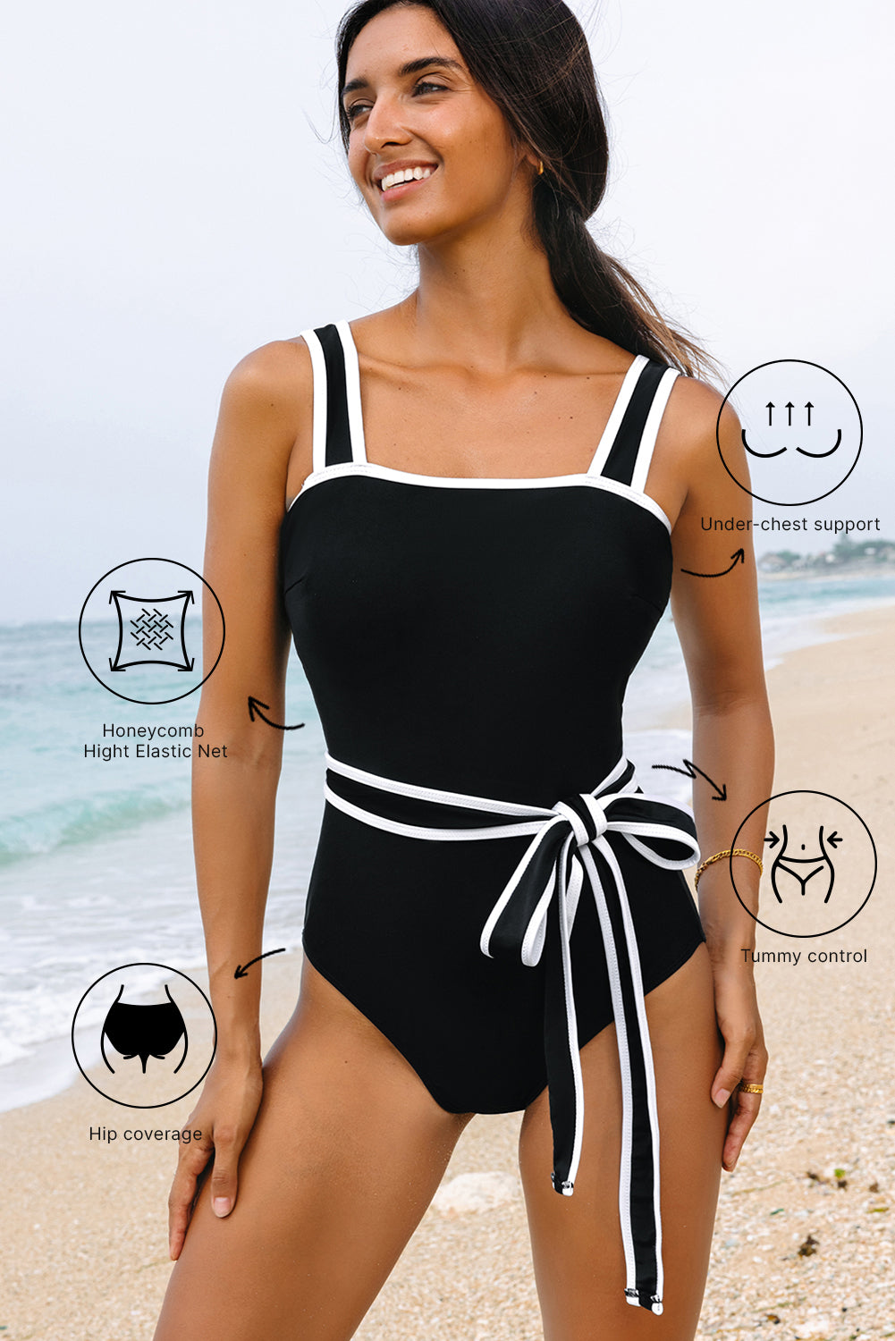 B&W Colorblock Edge Belted One Piece Swimsuit