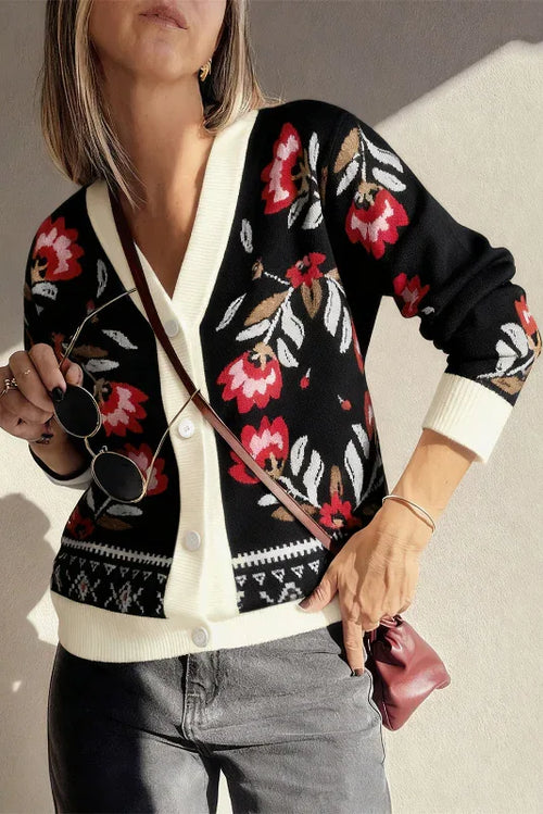 Black Floral Print Buttoned Front V Neck Knit Cardigan Black 52%Viscose+26%Polyester+22%Polyamide Bazaare Mart Sweaters & Cardigans/Cardigans