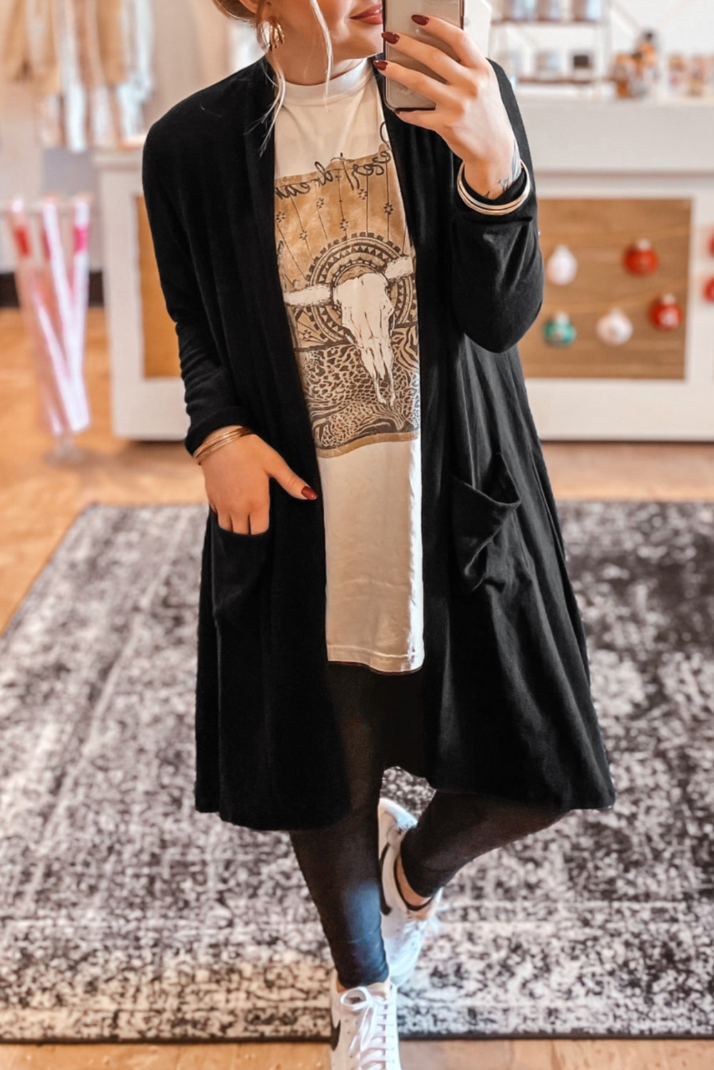 Black Knee Length Open Front Cardigan