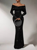 Black Off-Shoulder Sequin Evening Gown Black Bazaare Mart Off-Shoulder Glitter Evening Maxi Dress
