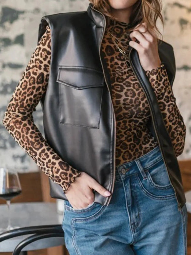 Black PU Leather Zip Up High Collar Flap Chest Pockets Vest  