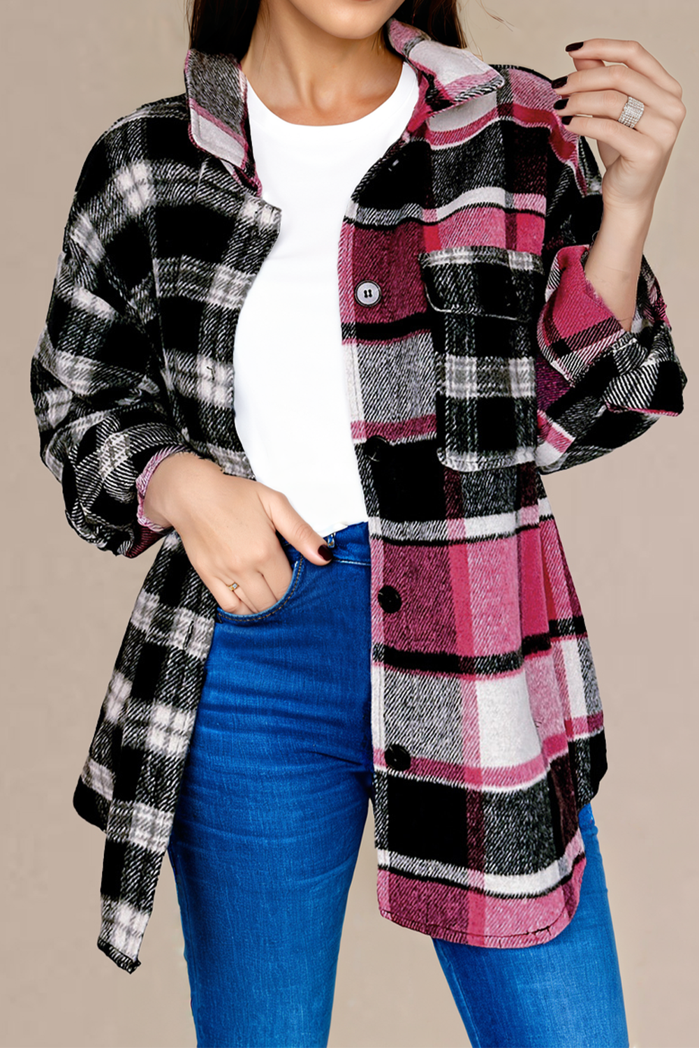 B&W Plaid with Red Colorblock Button Up Shacket