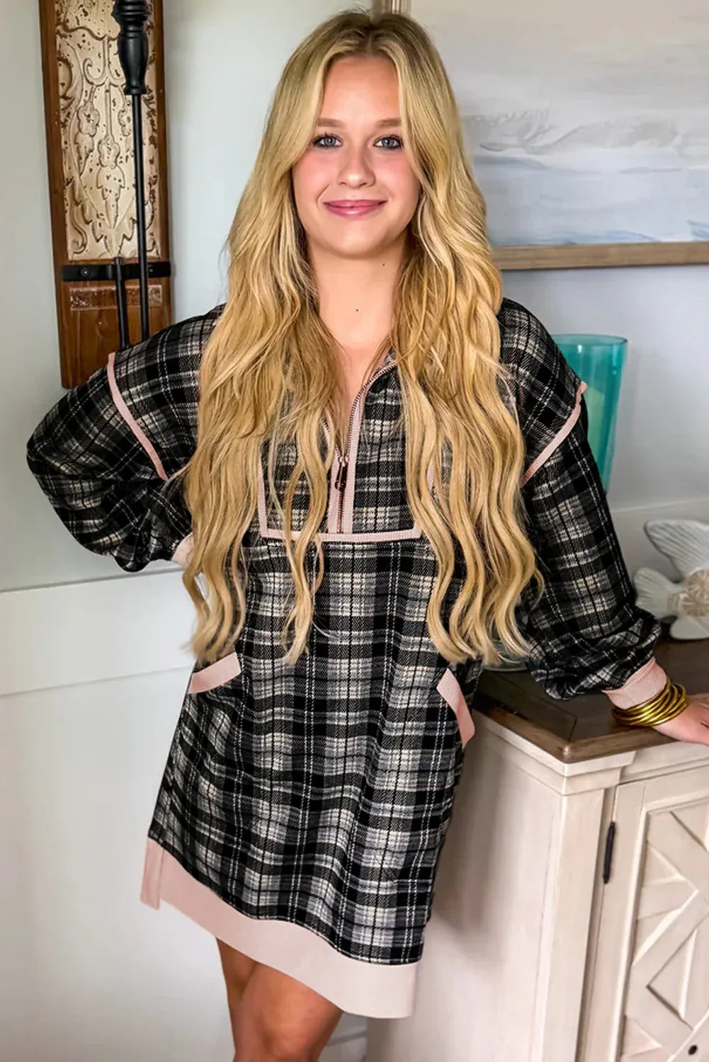 Black Plaid Polo Pink Collar Zip up Contrast Trim Long Sleeve Mini Dress Bazaarre Mart Dresses/Mini Dresses