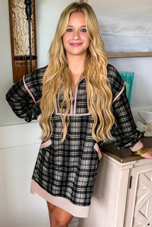 Black Plaid Polo Pink Collar Zip up Contrast Trim Long Sleeve Mini Dress Bazaarre Mart Dresses/Mini Dresses