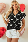 Black Preppy Vibes Bow Print Zipped Collar Short Flutter Sleeves Sweater Black 50%Viscose+28%Polyester+22%Polyamide Bazaare Mart Sweaters & Cardigans/Short Sleeve Sweaters