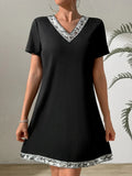 Black Silver Sequin Trim V-Neck Short Sleeve Dress Black Bazaare Mart Sequin V-Neck Short Sleeve Mini Dress