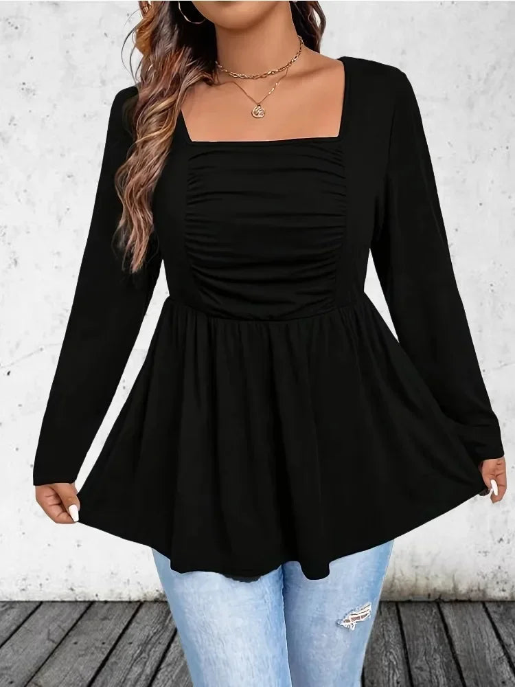 Black Square Neck Pleated Long Sleeve Top