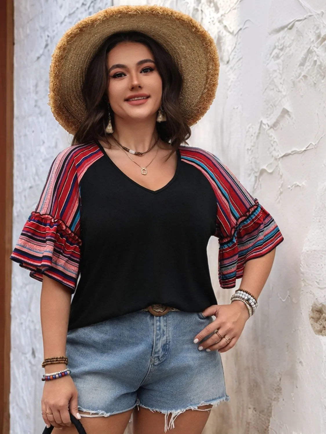 Black V-Neck Top with Red Striped Flounce Half Sleeves