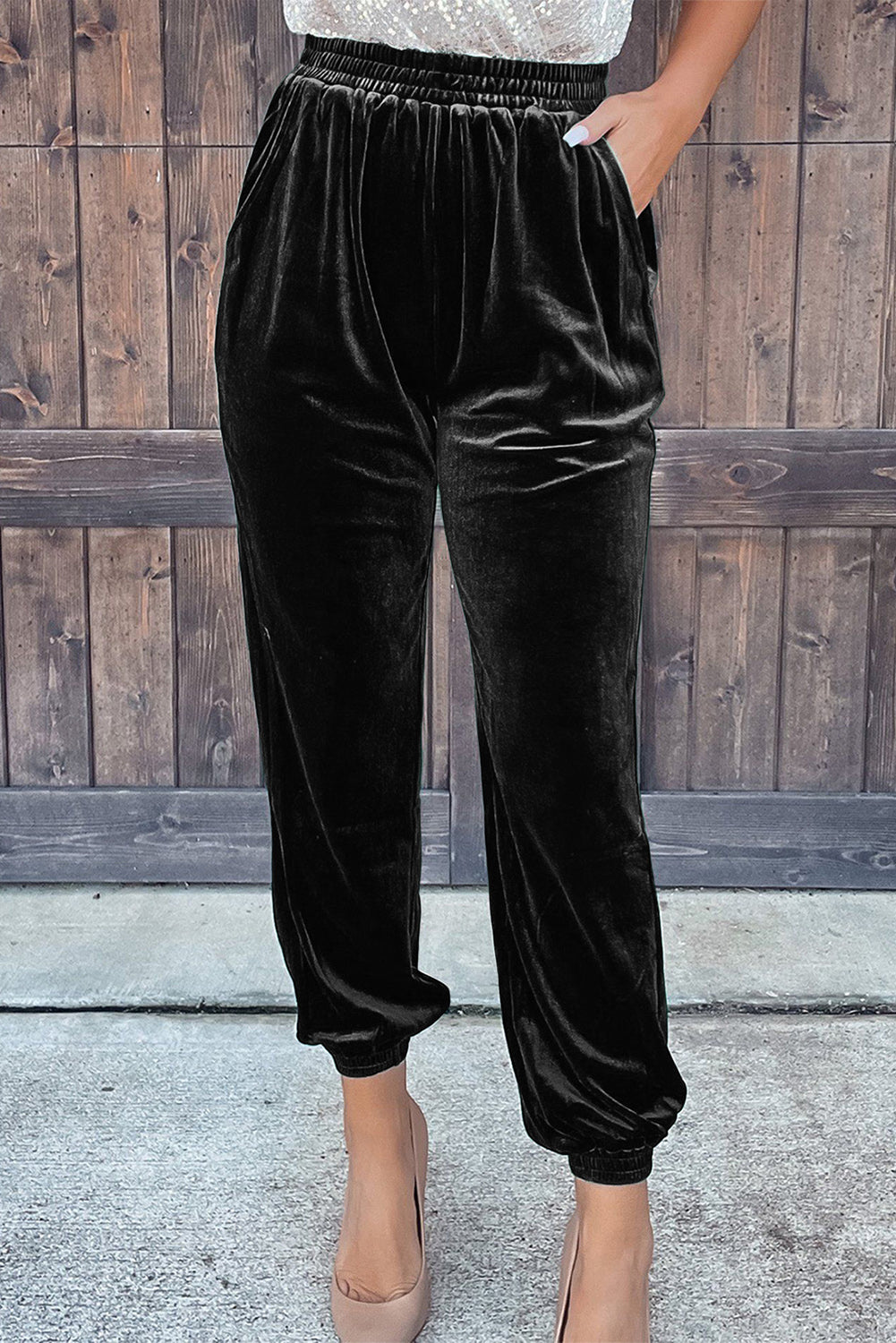 Black Velvet Joggers with Pockets