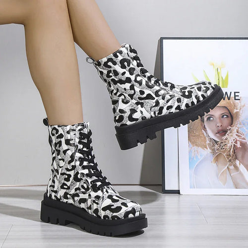 Black & White Leopard Print Platform Boots Bazaare Mart Leopard Martin Boots