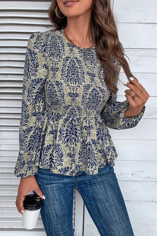 Blue Boho Smocked Peplum Blouse
