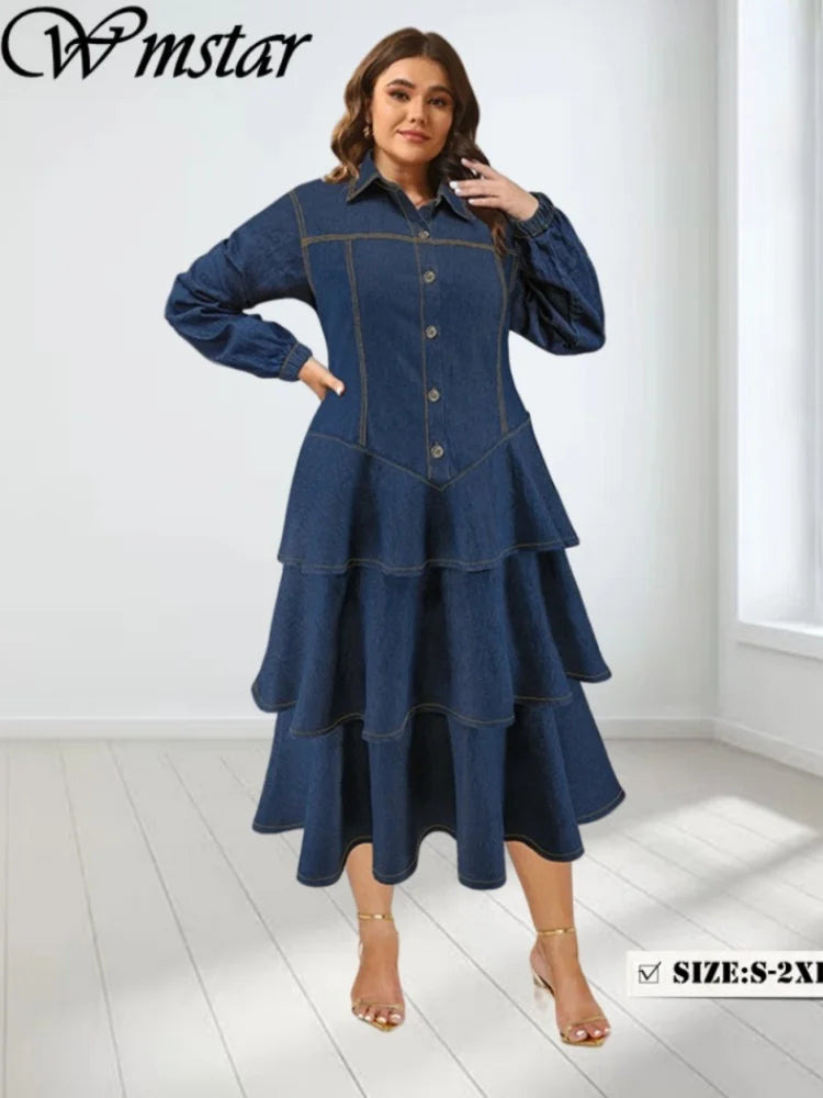 Blue Denim Tiered Ruffle Midi Dress