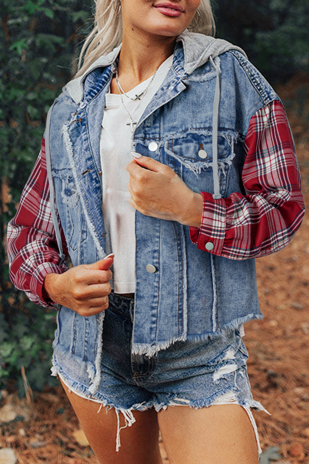 Blue Denim with Red Plaid Patchwork Hooded Raw Hem Jacket