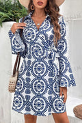 Blue Floral Print V Neck Wrapped Knot Long Sleeve Dress Blue 100%Polyester Bazaare Mart Dresses/Floral Dresses
