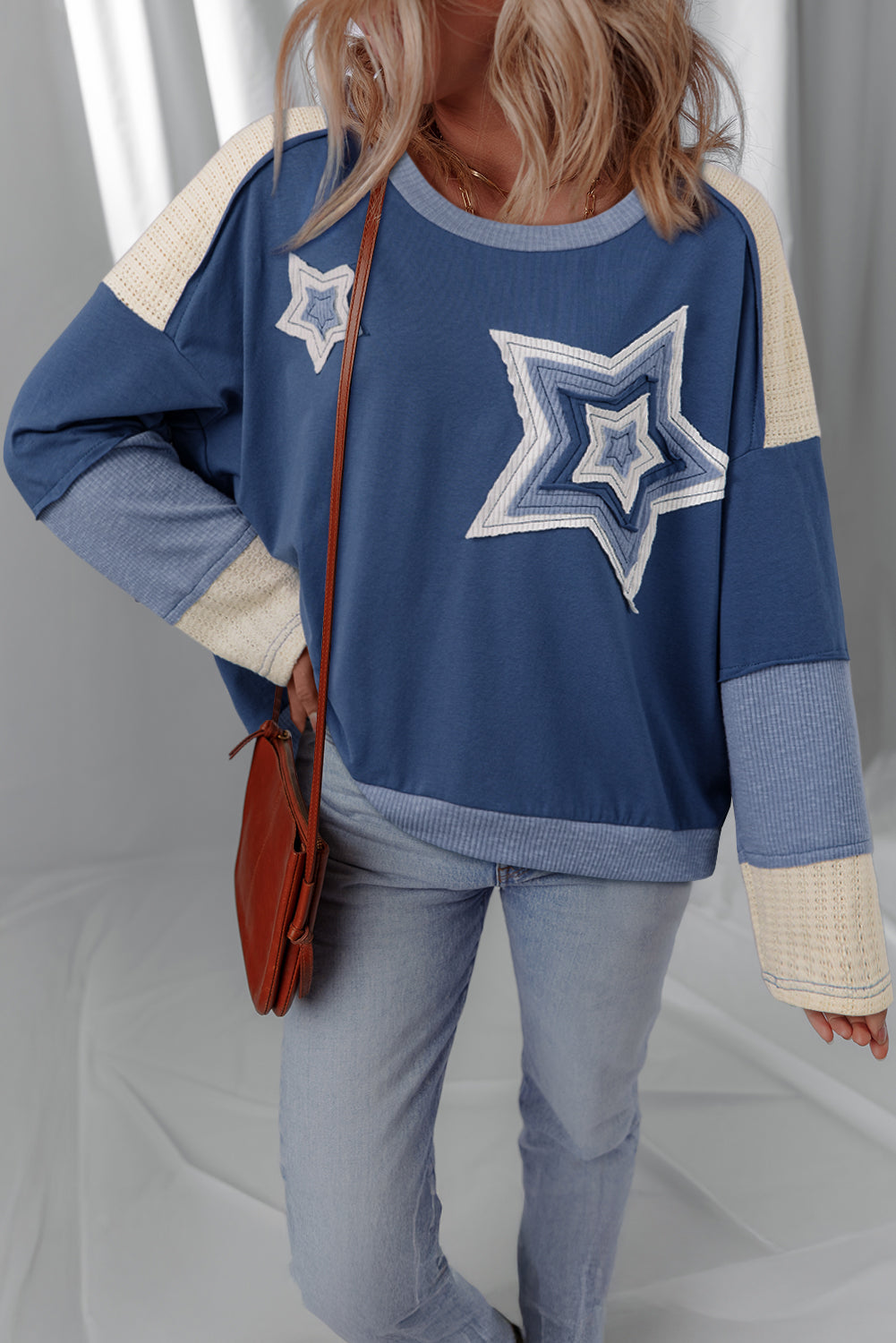 Blue Knit Colorblock Patchwork Stars and Stripes Long Sleeve Top