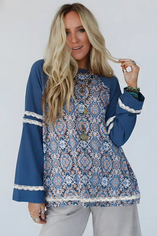 Blue Patchwork & Lace Raglan Long Sleeve Top Bazaare Mart Tops/Long Sleeve Tops