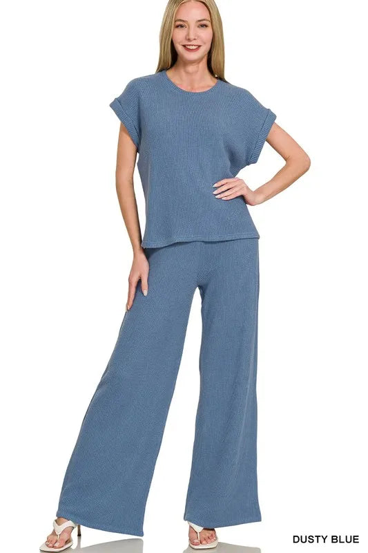 Blue Round Neck Rolled Sleeve Sweater Top and Wide Leg Pants Set