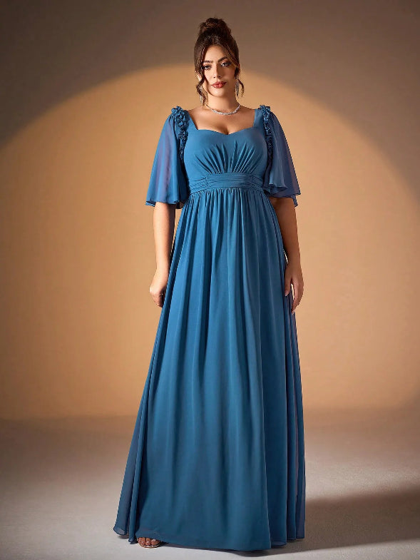 Blue Ruffled Flutter Half Sleeve Pleated High Waist Pearl Chiffon Evening Gown
