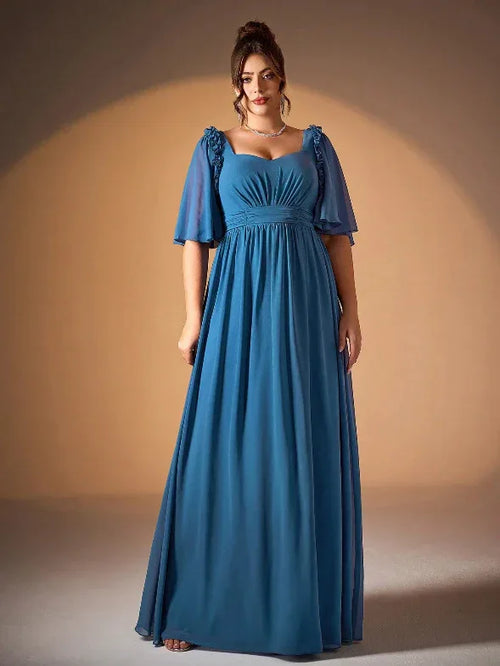 Blue Ruffled Flutter Sleeve Pleated Pearl Chiffon Evening Gown Blue Bazaare Mart Blue Evening Gown