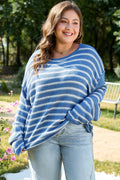 Blue Stripe Drop Shoulder Sweater Sky Blue Stripe 100%Acrylic Bazaare Mart Plus Size/Plus Size Sweaters & Cardigans